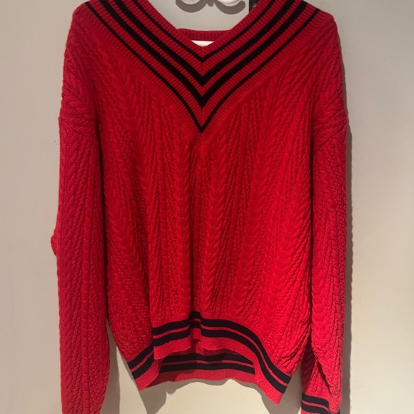 Red V-Neck Cable Knit Sweater - Picture 1 of 4